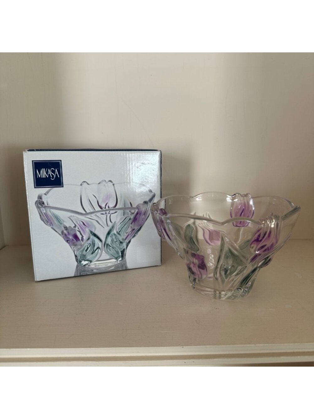 Vintage 90s Mikasa Purple Tulip Glass Bowl With Original Box